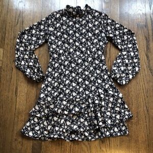 Floral Black & Cream Longsleeve High-Neck Asymmetrical Ruffle Skirt Dress